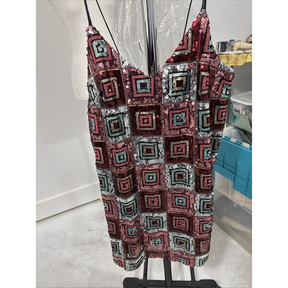 Zara Mini Spaghetti Strap sequined dress Lined Patchwork Sz Small - Picture 1 of 7